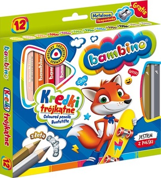 Kredki grube trójkątne BAMBINO 12kol + temperówka