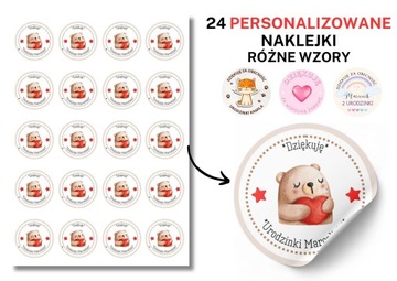 Naklejki podziękowanie na prezenty torebki upominki urodziny dziękuję 24szt