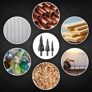 Сверла спирально-ступенчатые, 3 шт, набор, конические, 4-32мм, по листовой древесине