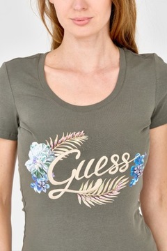 GUESS Damski zielony t-shirt ze zdobionym logo L