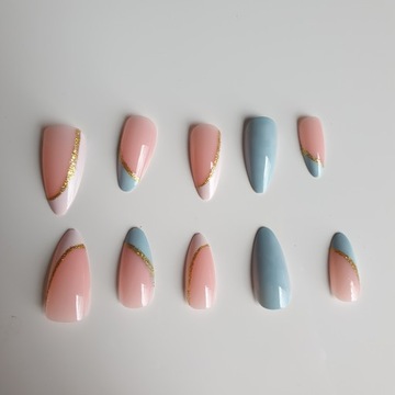 ИСКУССТВЕННЫЕ НОГТИ МИНДАЛЬНЫЕ ФРАНЦУЗСКИЕ ТИПСЫ СИНИЕ БЕЛЫЕ САМОКЛЕЯЩИЕСЯ 24ШТ.