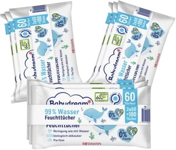 BABYDREAM CHUSTECZKI NAWILŻONE 99% WODY WATER WIPES 3x180=540 szt.