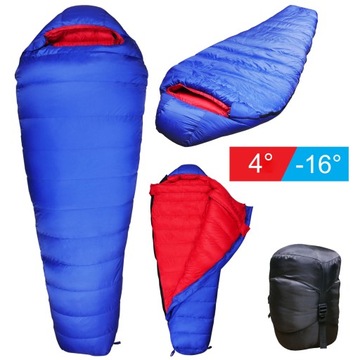 Śpiwór Turystyczny Mumia z Kapturem 80x190CM -16°/4° Gęsi Puch Niebieski