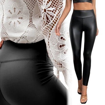 LEGGINSY SKÓRZANE WOSKOWANE MODELUJĄCE SLIM MAT Z WYSOKIM STANEM #2XL