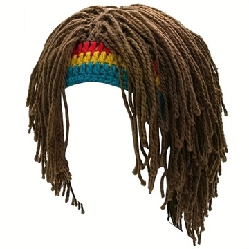 Fajna czapka typu beanie w stylu retro hippie, wyjątkowo przyciągający wzrok kaptur z dredami i peruką