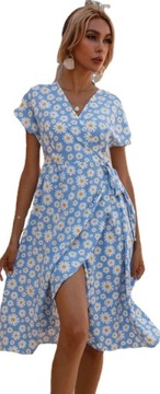 Sukienka wiązana niebieska krótki rękawek w kwiatki asymetryczna rozmiar XL