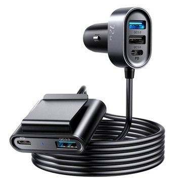ŁADOWARKA SAMOCHODOWA 2x USB-C PD 3xUSB 72W KABEL