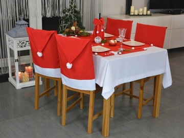 Рождественский чехол на стул Чехлы на шапки Санты x6 + скатерть