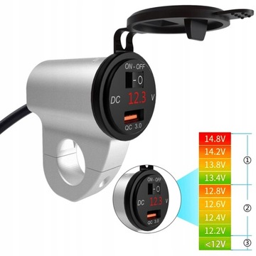 ЗАРЯДНОЕ УСТРОЙСТВО ДЛЯ МОТОЦИКЛА 3.4A USB QC3.0 ВОЛЬТМЕТР 12В