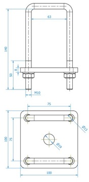 Зажимная вилка крепления оси прицепа, кВт 60 мм M10