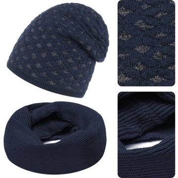 KOMPLET DAMSKI CZAPKA BEANIE + KOMIN JESIENNY ZIMOWY CIEPŁY GRANATOWY