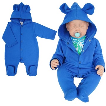 KOMBINEZON niemowlęcy dresowy z kapturem r 62 niebieski pajac bawełniany