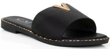 8129 ЧЕРНЫЕ КОЖАНЫЕ ЖЕНСКИЕ ТАПОЧКИ ДЕКОР 39