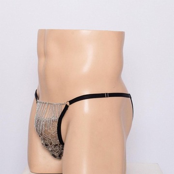 Męskie koronkowe stringi G String metalowy łańcuszek frędzle figi bikini z tyłu T czarne