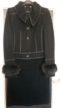 HERA czarny kostium nowoczesny żakiet kurtka spódnica 100% wełna futro lis