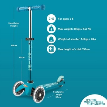 HULAJNOGA MINI MICRO DELUXE Trójkołowa LED AQUA