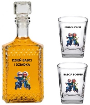 KARAFKA 2 SZKLANKI Z KOLOROWĄ GRAFIKĄ NA DZIEŃ BABCI I DZIEŃ DZIADKA