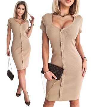 KOBIECA Sukienka PRĄŻKOWANA DEKOLT V-NECK Guziki