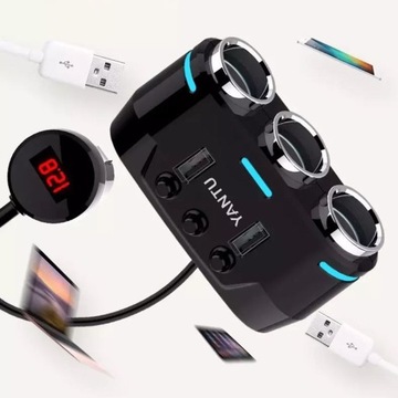 Rozgałęźnik zapalniczki 3 gniazda 2 i USB LCD ROZ14b