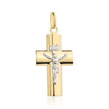 Złota zawieszka Krzyżyk z Jezusem w białym złocie pr. 585 na komunię GRAWER