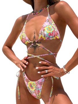 W1218 *SHEIN DWUCZĘŚCIOWY WIĄZANY KOMPLET BIKINI KWIATOWY WZÓR M