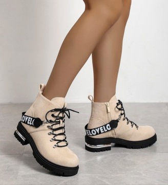 БОТИНКИ ЖЕНСКИЕ УТЕПЛЕННЫЕ, БЕЖЕВЫЕ, С ЛЕНТОЙ