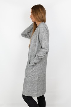 New Look Długi Kobiecy Luźny Szary Sweter Narzutka Kieszenie z Wełną 48