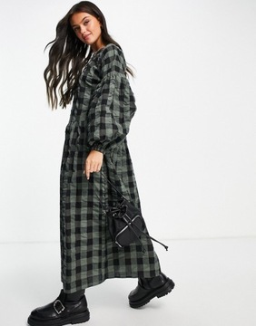 Luźna Sukienka midi oversize krata khaki defekt 36