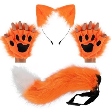 ZESTAW COSPLAY FURRY USZY NA OPASCE + OGON + ŁAPKI MITENKI RUDY LIS FUTRZAK