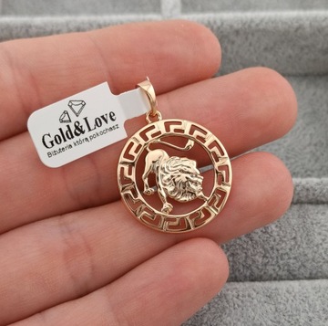 Złota zawieszka znak zodiaku LEW elegancka grecka koło pozłacana 18k