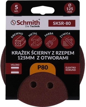PAPIER ŚCIERNY KRĄŻKI NA RZEP Z OTWORWAMI 125mm P80 ZESTAW 5szt SCHMITH