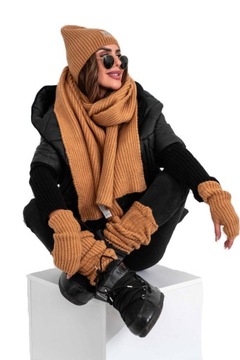 Czapka szalik rękawiczki ocieplacze komplet camel Tmc Moda