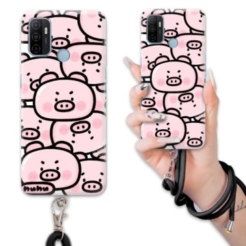 Pouzdro černý provázek pro Oppo A53 Kryt Prasátka Piggy Zábavné módní vzory