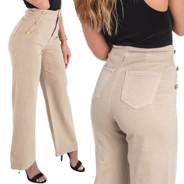 Jeansowe damskie spodnie elastyczne beżowe dzwony szeroka nogawka stan L