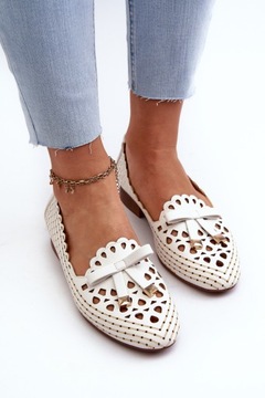 BALERINY DAMSKIE AŻUROWE Z KOKARDKĄ KOMFORTOWE NA PŁASKIM OBCASIE BIAŁE 40