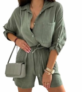 Муслиновый комплект, бежевая рубашка и шорты