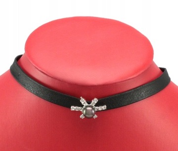 NASZYJNIK CHOKER SKÓRZANY PERŁA SZKLANE CYRKONIE