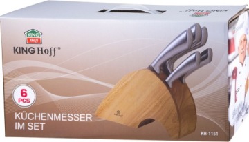 Набор стальных кухонных ножей на деревянной подставке, 6 шт.