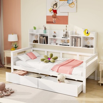 Sofa rozkładana 90x200, szuflady i półki, łóżko z litego drewna, biały