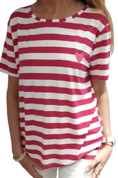 COCOMORE T- shirt Bluzka w Paski z Sercem Fuksja + Biały 40/L NEW