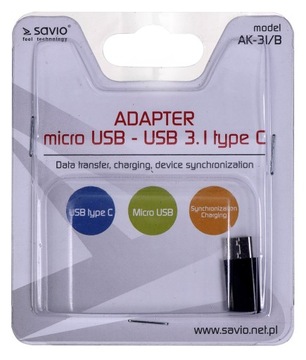 Переходник SAVIO AK-31/B (Micro USB F – USB тип C M;