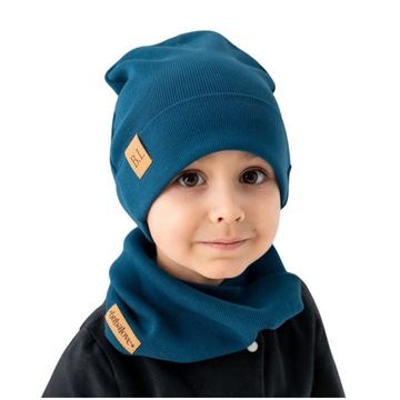 Chłopięca prążkowana czapka beanie i komin na wiosnę jesień BL morska 46-50