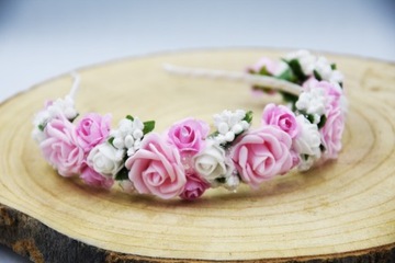 OPASKA różówa wianek komunijny kwiaty różowe na głowę na komunije wesele