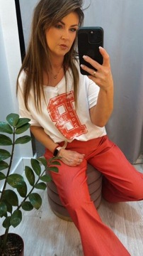 BY O LA LA! BLUZKA T-SHIRT "B" BIEL/FIESTA RED S 36