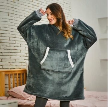 BLUZA KOC OVERSIZE CIEPŁA 2W1 GRUBA XXL FUTRZAK DŁUGA Z KAPTUREM KOCOBLUZA