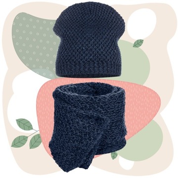 SZALIK SZAL CZAPKA BEANIE KOMPLET DAMSKI KOBIECY 30% MOHER GRANATOWY GRANAT