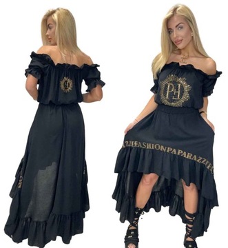 Komplet Damski Czarny bawełniany bluzka spódnica letni PF PAPARAZZI FASHION