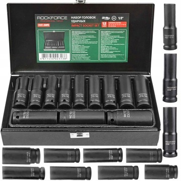 NASADKI UDAROWE DŁUGIE 12 NASADEK GŁĘBOKICH 6-KĄT 1/2'' W WALIZCE 10-24 MM