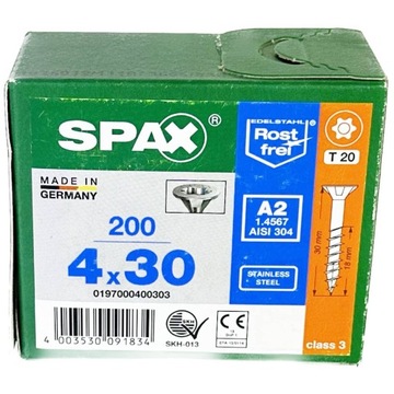 Wkręty NIERDZEWNE 4x30mm, Wkręty do drewna 200szt, Stal szlachetna A2 SPAX