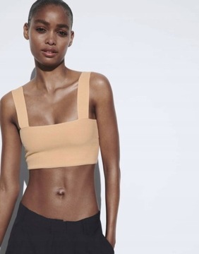 Zara NG8 brp dzianinowy beżowy crop top na ramiączkach S